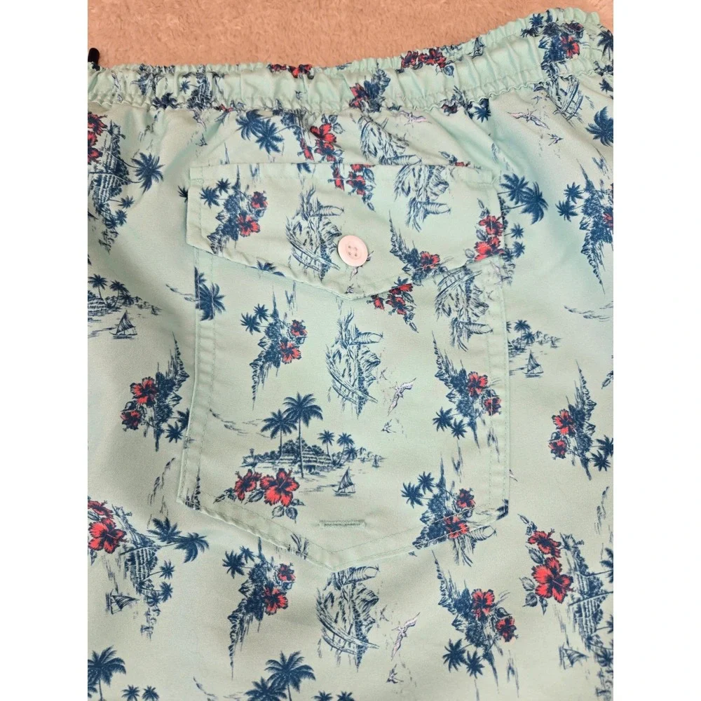 Ocean Coast Big & Tall‎ Mens 2XLT Swim Trunks Tropical Palm Hibiscus Aqua Blue